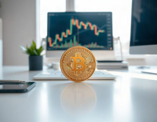 Bitcoin coin on a desk with a monitor showing a candlestick chart in the background
