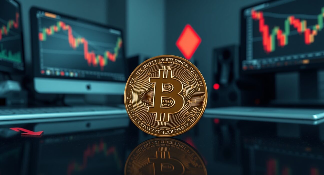 Bitcoin coin on reflective surface with dimmed trading charts and red arrows indicating low volume and negative funding rates in the rally