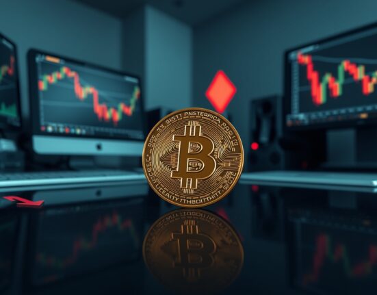 Bitcoin coin on reflective surface with dimmed trading charts and red arrows indicating low volume and negative funding rates in the rally