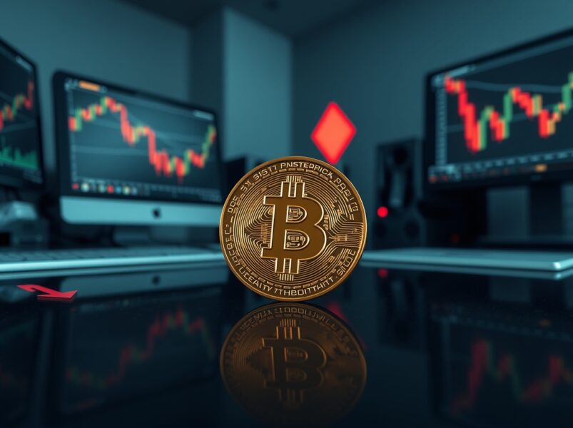Bitcoin coin on reflective surface with dimmed trading charts and red arrows indicating low volume and negative funding rates in the rally