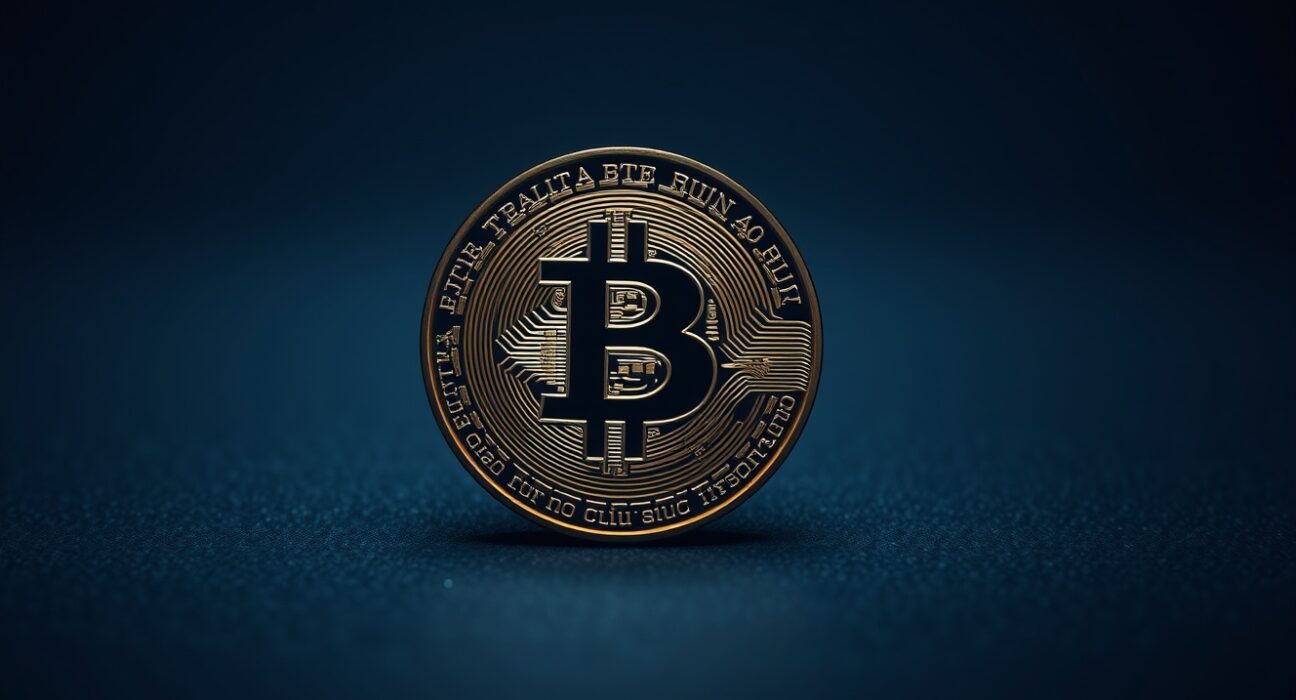 Close-up of a Bitcoin coin on a dark surface, representing cryptocurrency market analysis.