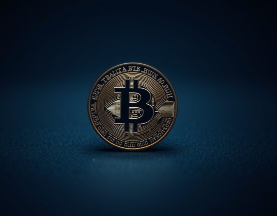 Close-up of a Bitcoin coin on a dark surface, representing cryptocurrency market analysis.