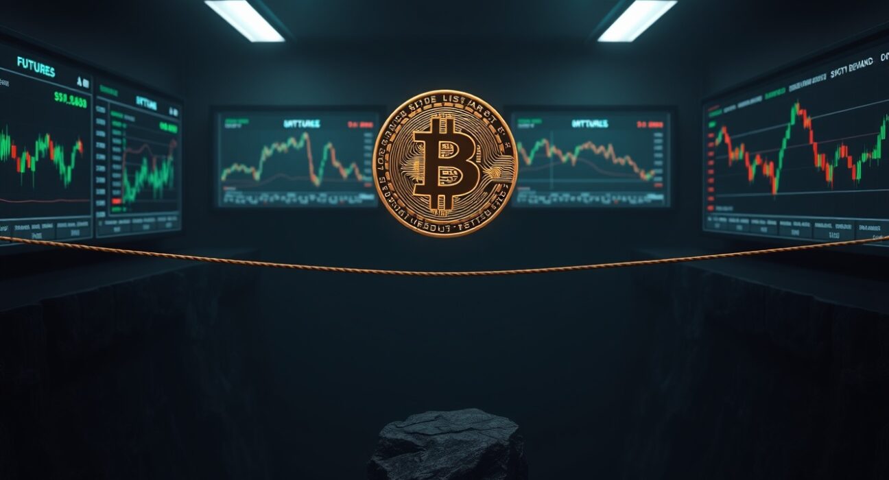 Bitcoin coin balanced on a tightrope between leverage and spot demand, illustrating a fragile rally sustained by futures, not spot market confidence.