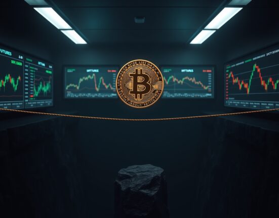 Bitcoin coin balanced on a tightrope between leverage and spot demand, illustrating a fragile rally sustained by futures, not spot market confidence.