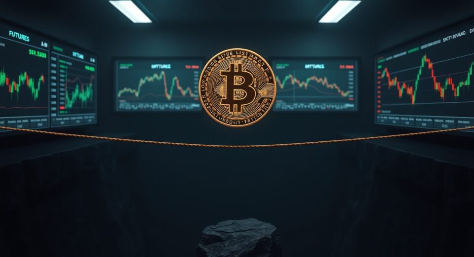 Bitcoin coin balanced on a tightrope between leverage and spot demand, illustrating a fragile rally sustained by futures, not spot market confidence.