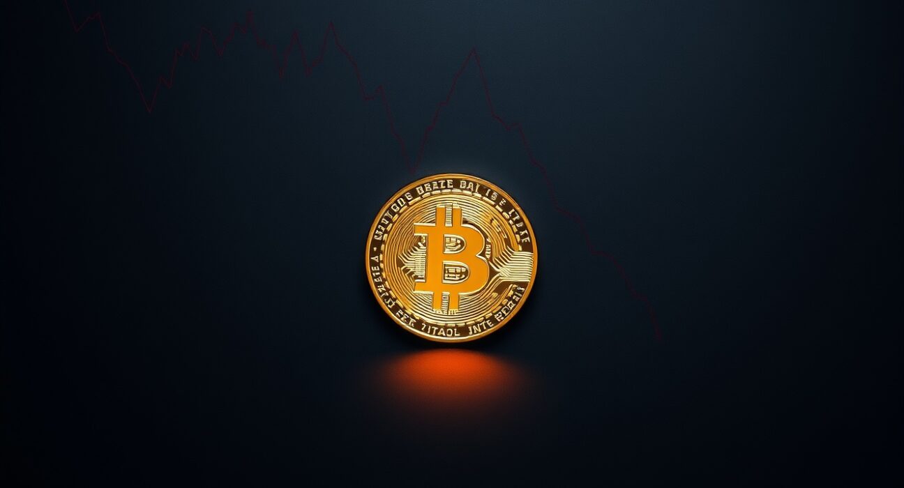Bitcoin coin with a reflected downward trend line on a dark trading desk surface.