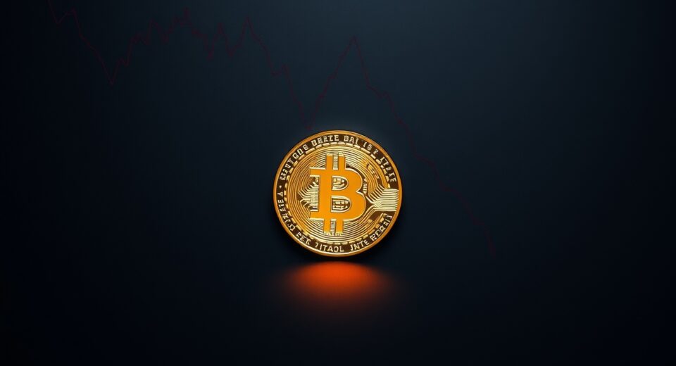 Bitcoin coin with a reflected downward trend line on a dark trading desk surface.