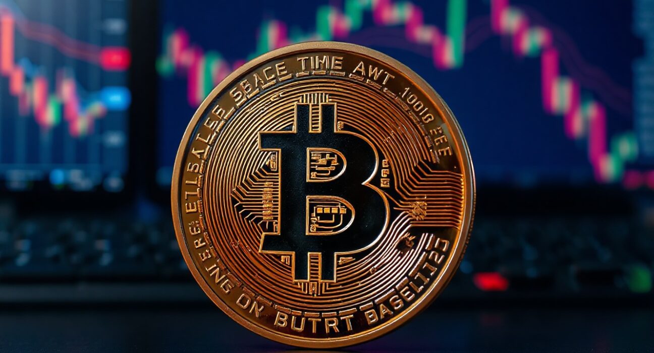 Bitcoin coin in focus with a trading chart background, representing market uncertainty
