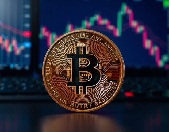 Bitcoin coin in focus with a trading chart background, representing market uncertainty