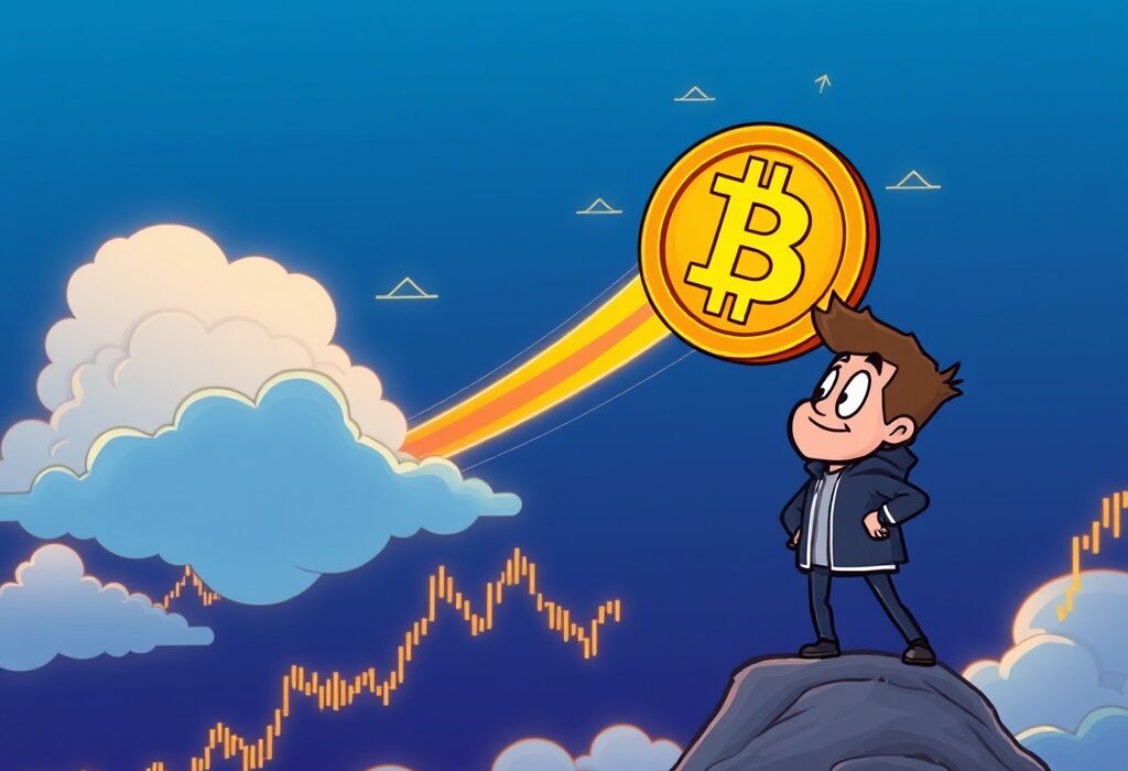 A cartoon illustration depicting a Bitcoin rally towards a high price target, observed by an analyst, symbolizing future BTC price prediction.