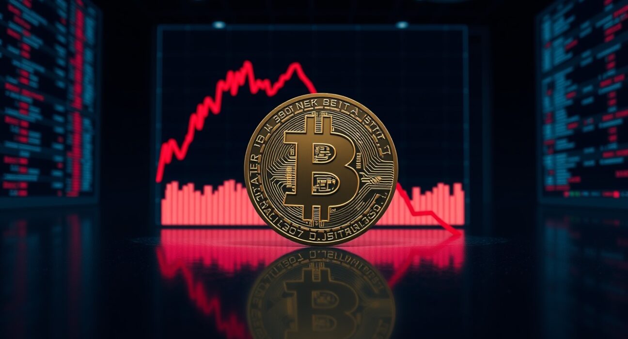 Bitcoin symbol on a dark trading floor with a downward red graph, representing selling pressure and cautious market outlook.