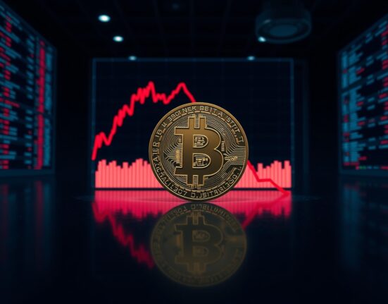 Bitcoin symbol on a dark trading floor with a downward red graph, representing selling pressure and cautious market outlook.