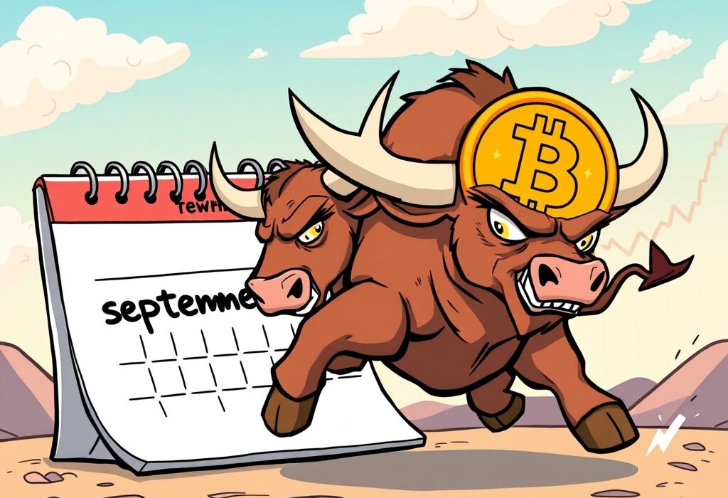 Cartoon illustration of a bull representing a strong Bitcoin rally September, charging ahead on a calendar.
