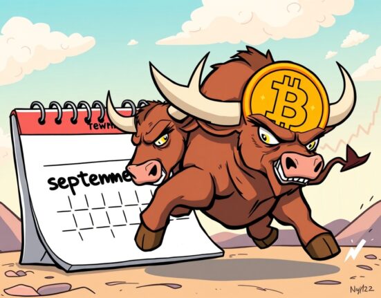 Cartoon illustration of a bull representing a strong Bitcoin rally September, charging ahead on a calendar.