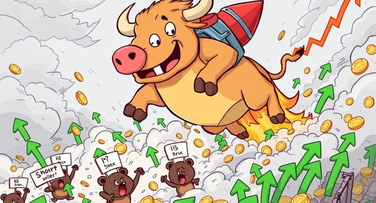 A vibrant cartoon illustrating a powerful Bitcoin rally causing a short squeeze, with bulls charging and bears in panic.