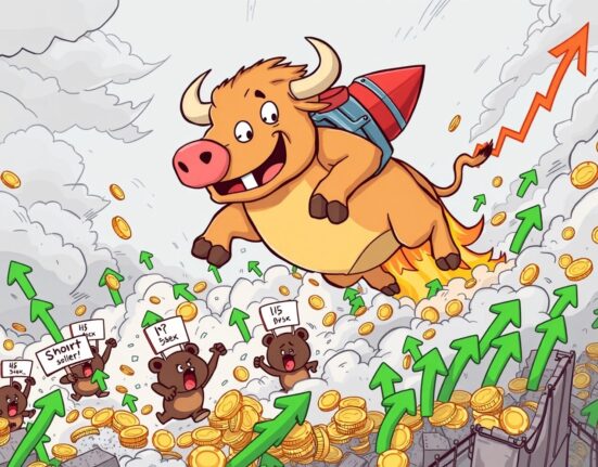 A vibrant cartoon illustrating a powerful Bitcoin rally causing a short squeeze, with bulls charging and bears in panic.