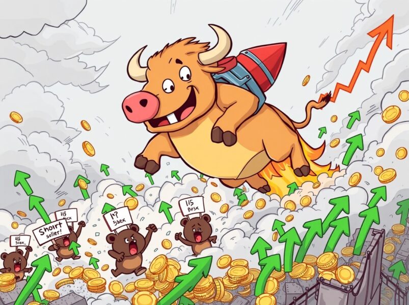 A vibrant cartoon illustrating a powerful Bitcoin rally causing a short squeeze, with bulls charging and bears in panic.