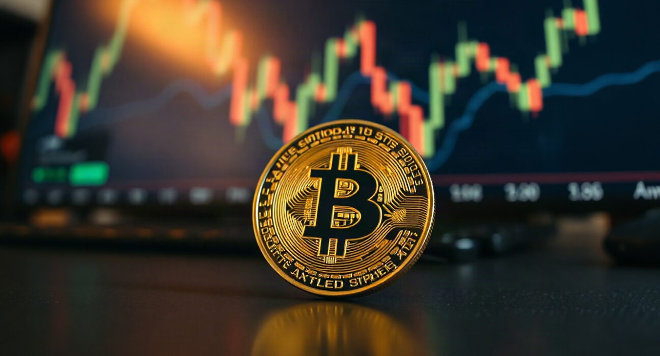 Bitcoin coin with a subtle price chart in the background symbolizing market analysis