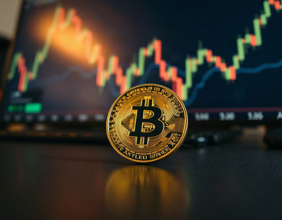 Bitcoin coin with a subtle price chart in the background symbolizing market analysis