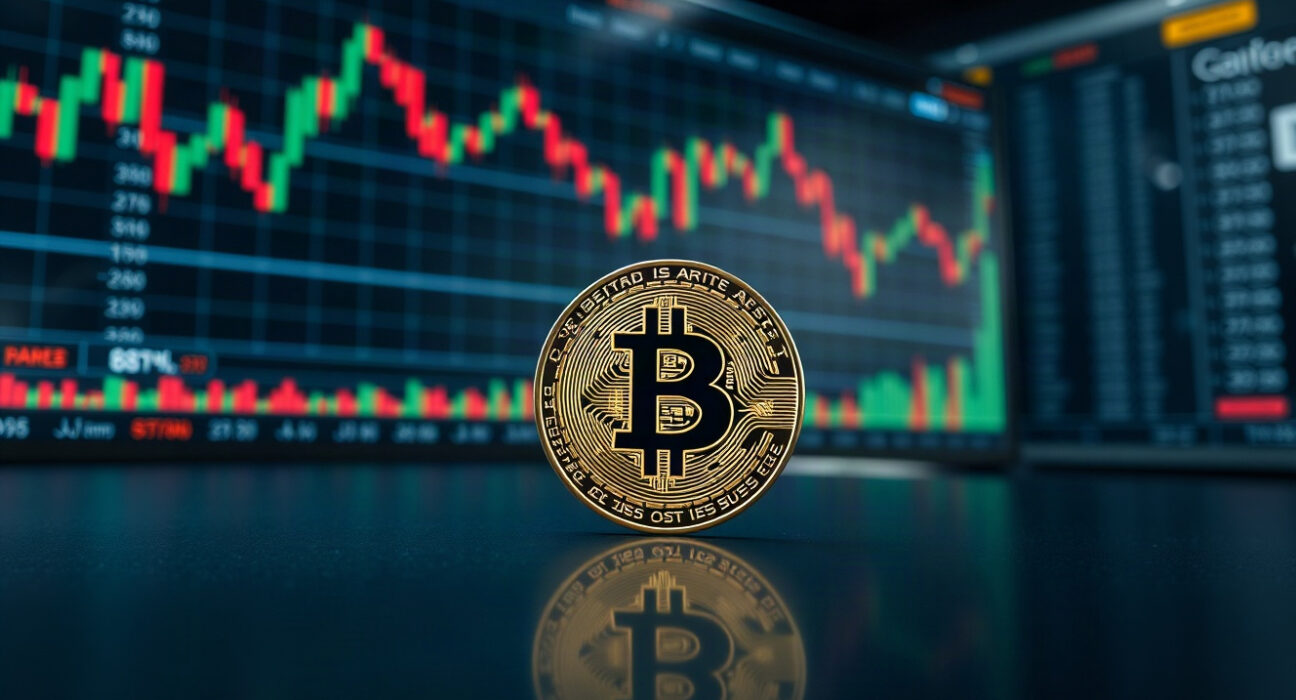 Bitcoin coin in focus with trading charts in background, representing market analysis