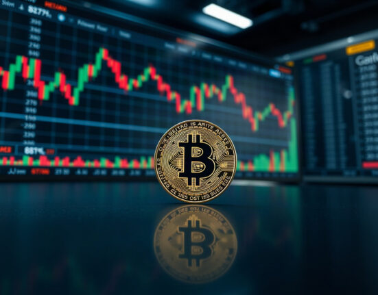Bitcoin coin in focus with trading charts in background, representing market analysis