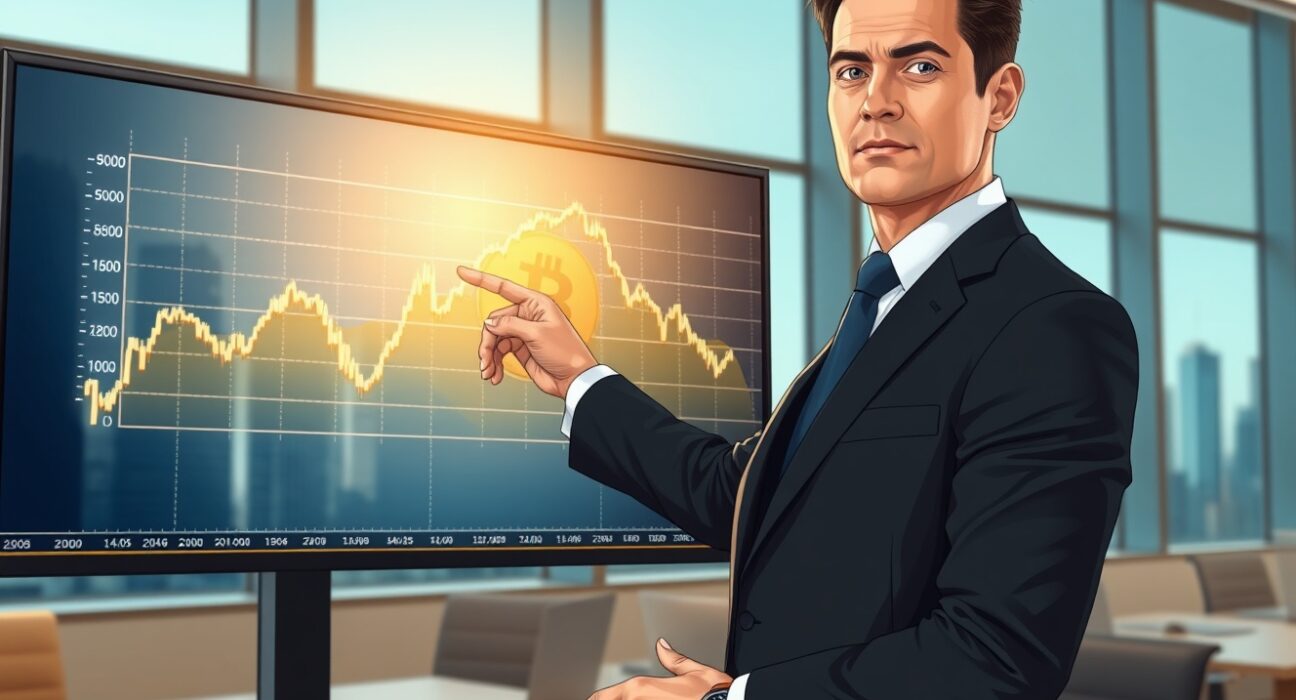 Bitcoin rally predicted by Fidelity's Timmer as funds rotate from gold, showing a bullish BTC chart in a professional office setting.