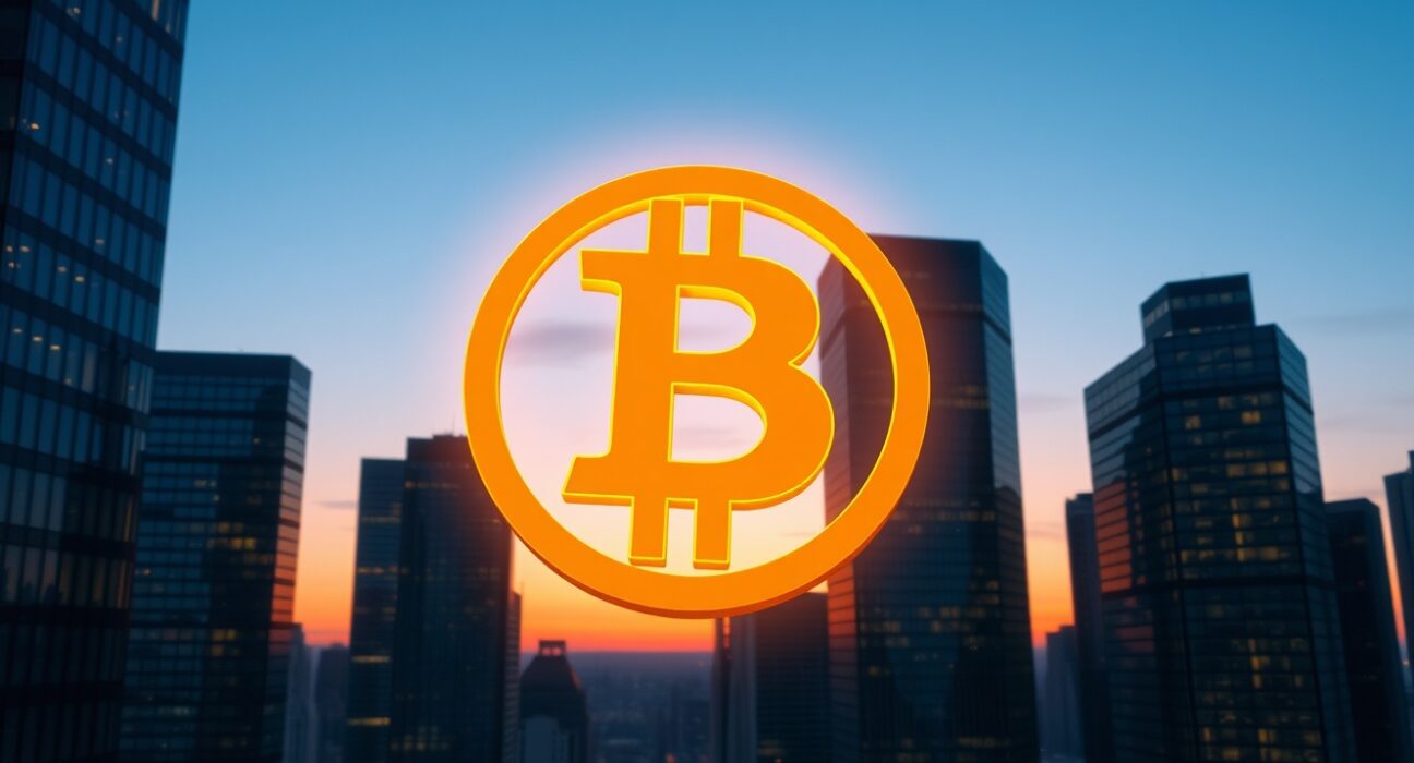 Bitcoin symbol above financial district representing weakening US institutional and retail demand for cryptocurrency.