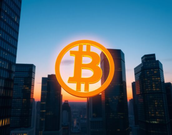 Bitcoin symbol above financial district representing weakening US institutional and retail demand for cryptocurrency.