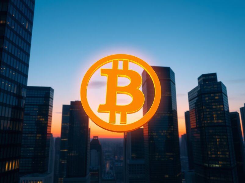 Bitcoin symbol above financial district representing weakening US institutional and retail demand for cryptocurrency.