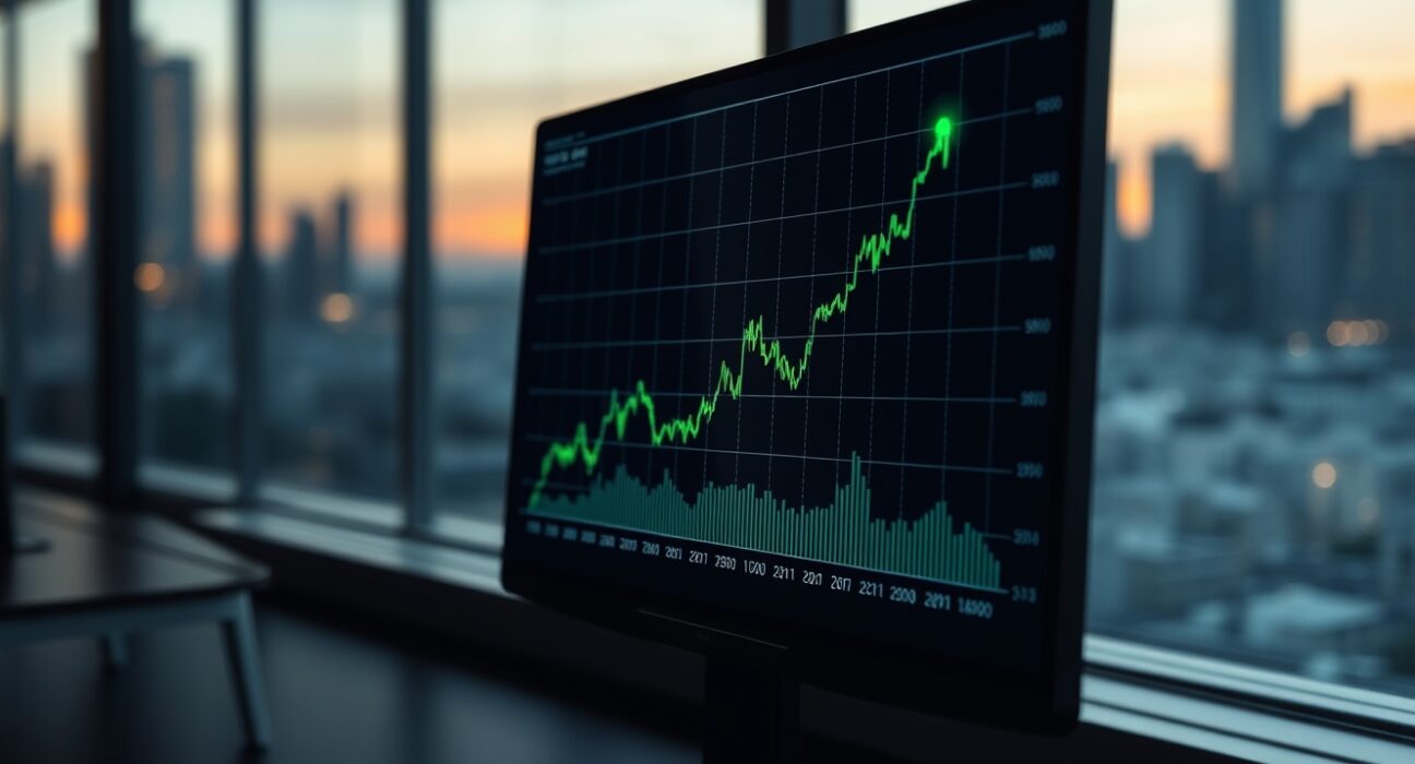 Bitcoin price chart showing an upward trend in a modern office setting