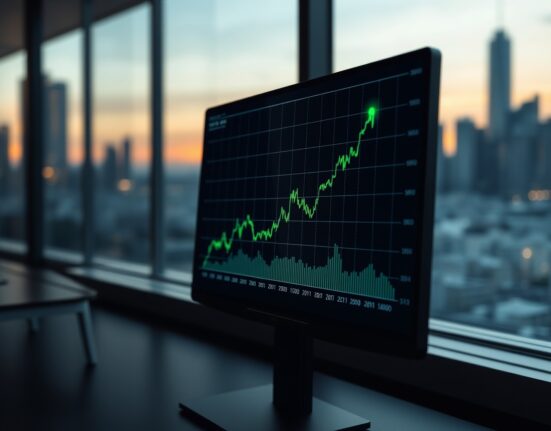 Bitcoin price chart showing an upward trend in a modern office setting