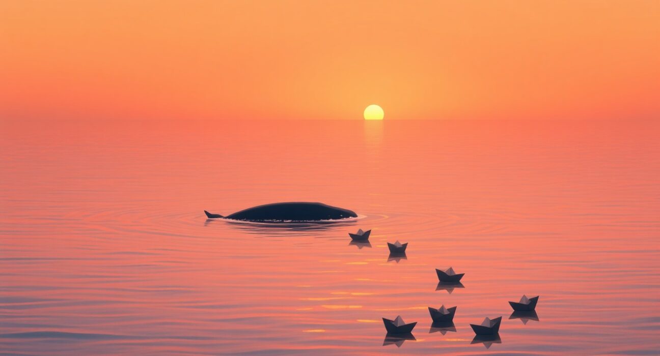 Illustration of Bitcoin market dynamics showing whale accumulation and retail futures speculation influencing price.