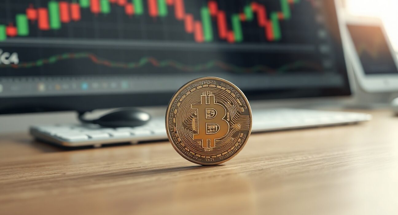 Bitcoin coin on table with blurred candlestick chart in background