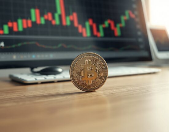 Bitcoin coin on table with blurred candlestick chart in background