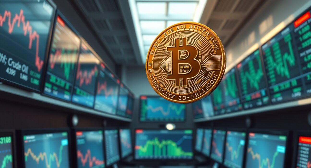 Bitcoin coin hovering above commodity price ticker tape showing market shift analysis