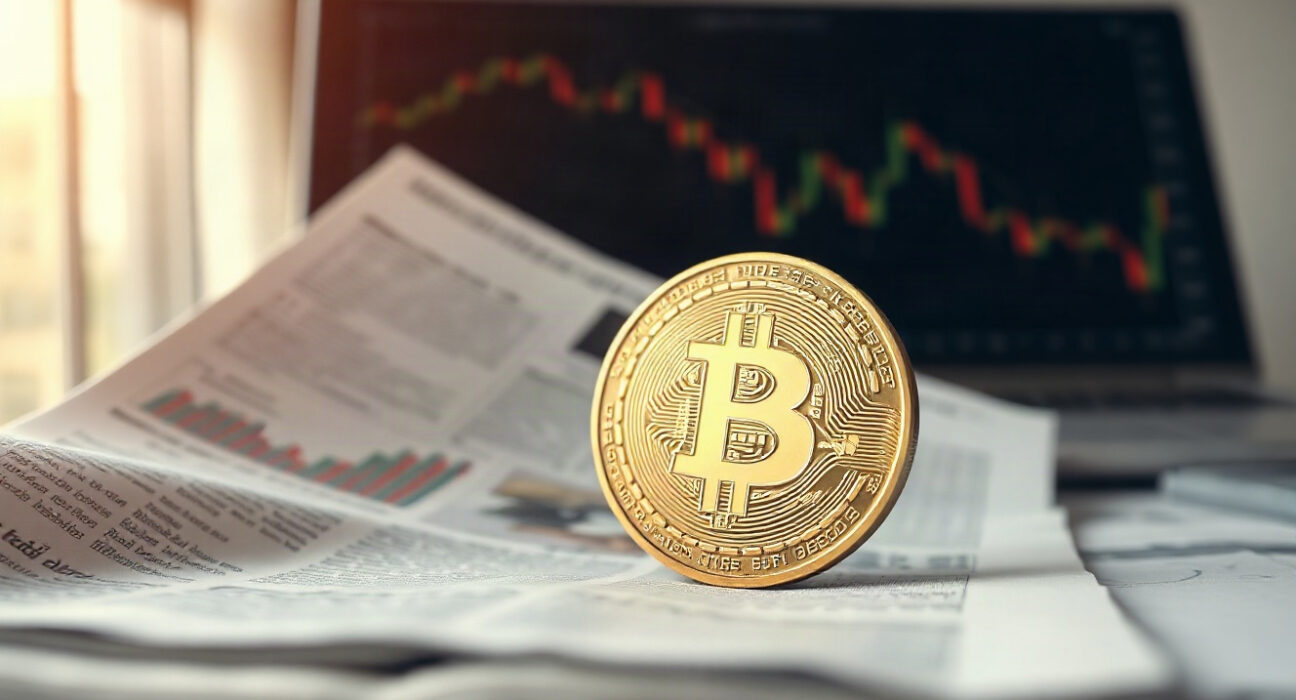 Bitcoin coin on financial newspaper with stock charts in background, representing market divergence
