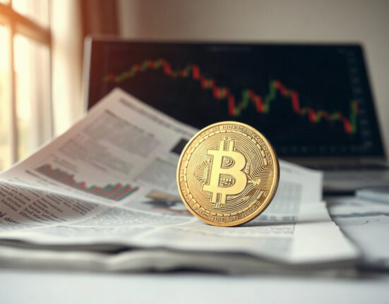 Bitcoin coin on financial newspaper with stock charts in background, representing market divergence