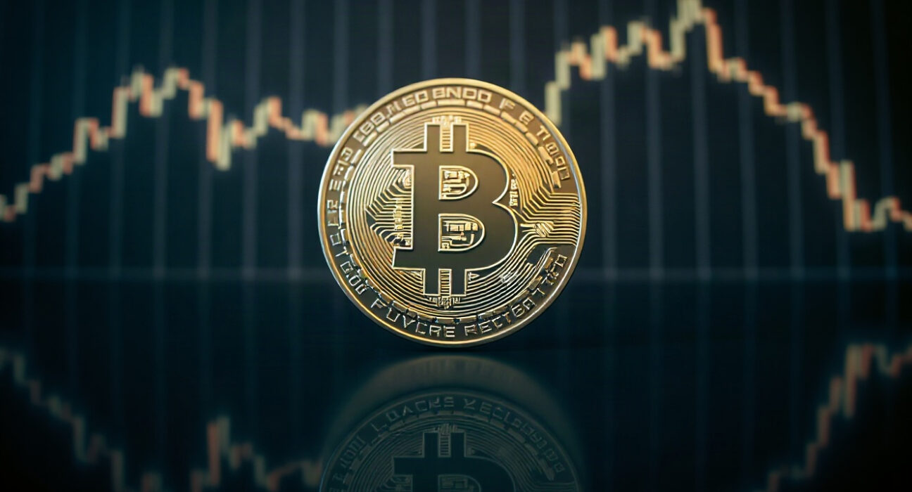 Bitcoin coin with a subtle price chart in the background, symbolizing market analysis