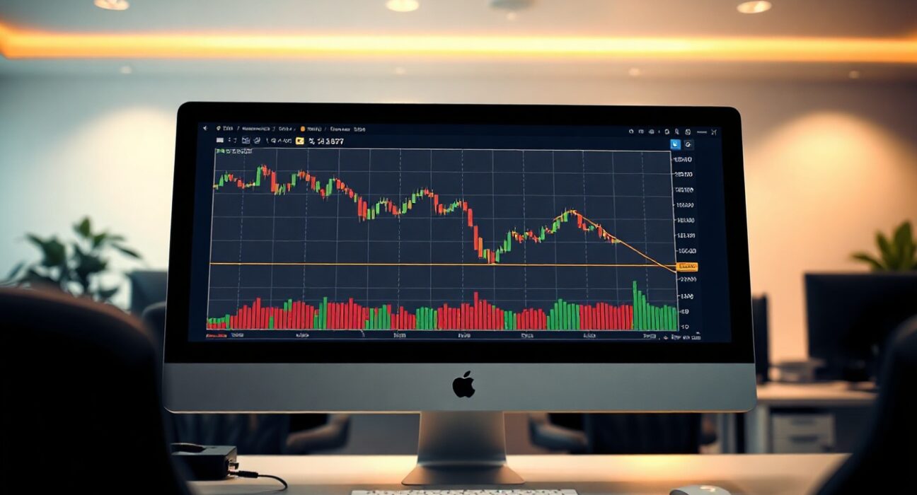 Bitcoin price chart on a monitor showing a potential decline, illustrating market analysis.