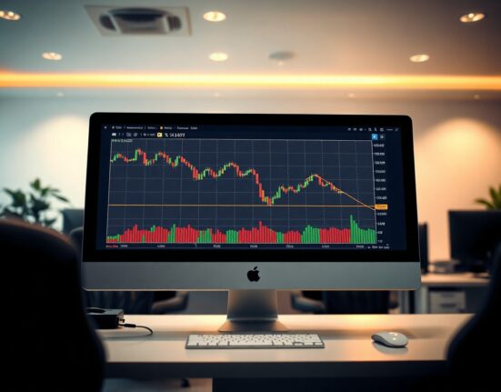 Bitcoin price chart on a monitor showing a potential decline, illustrating market analysis.