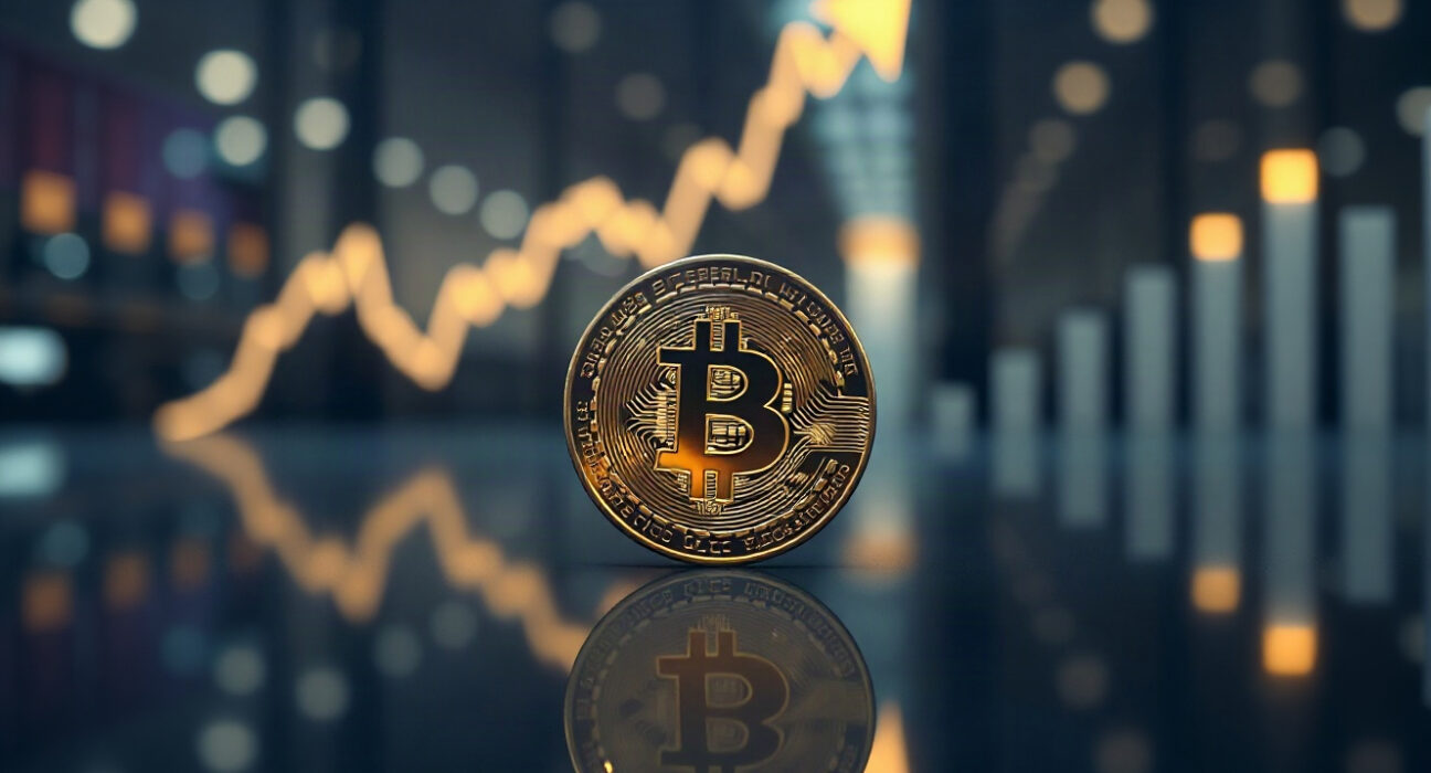 Bitcoin coin with a subtle chart in the background, representing market analysis and price movement.