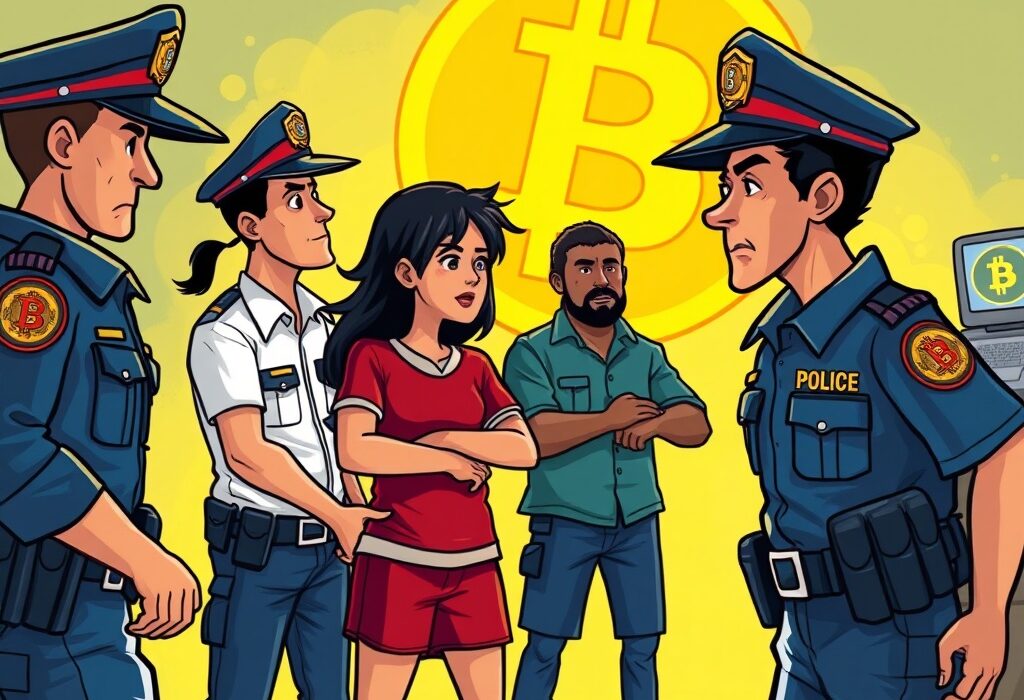 A cartoon illustration showing police apprehending criminals involved in a Bitcoin ransom kidnapping, highlighting the dangers of crypto crime.