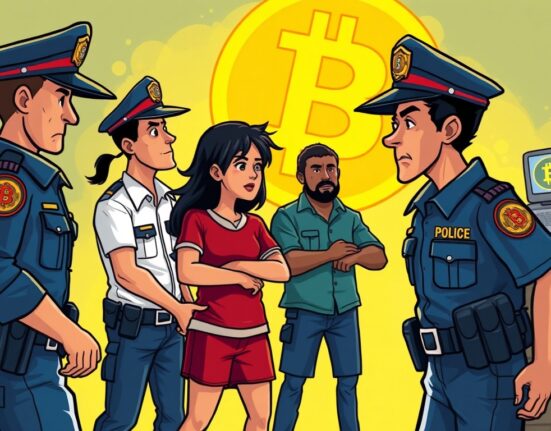 A cartoon illustration showing police apprehending criminals involved in a Bitcoin ransom kidnapping, highlighting the dangers of crypto crime.