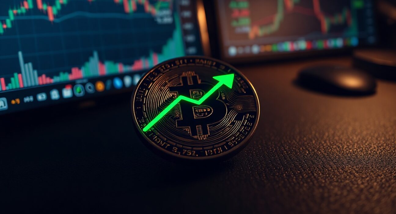 Bitcoin coin with green upward arrow reflection, symbolizing a potential price rebound based on historical data.