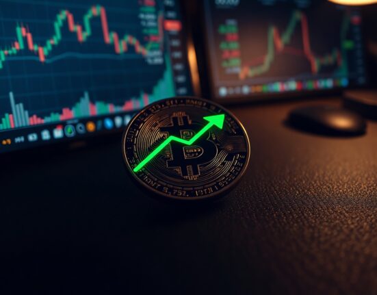 Bitcoin coin with green upward arrow reflection, symbolizing a potential price rebound based on historical data.