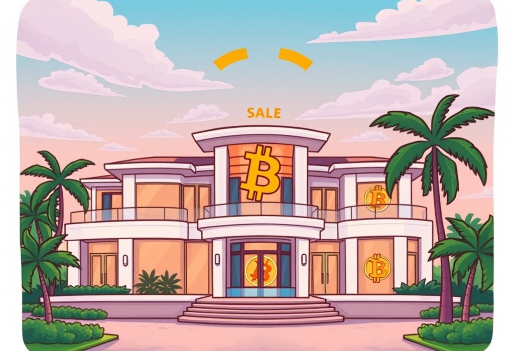 Cartoon showing a luxury mansion being sold via a significant Bitcoin real estate transaction, symbolizing crypto's impact on high-end property.