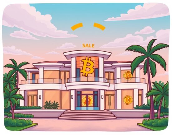 Cartoon showing a luxury mansion being sold via a significant Bitcoin real estate transaction, symbolizing crypto's impact on high-end property.