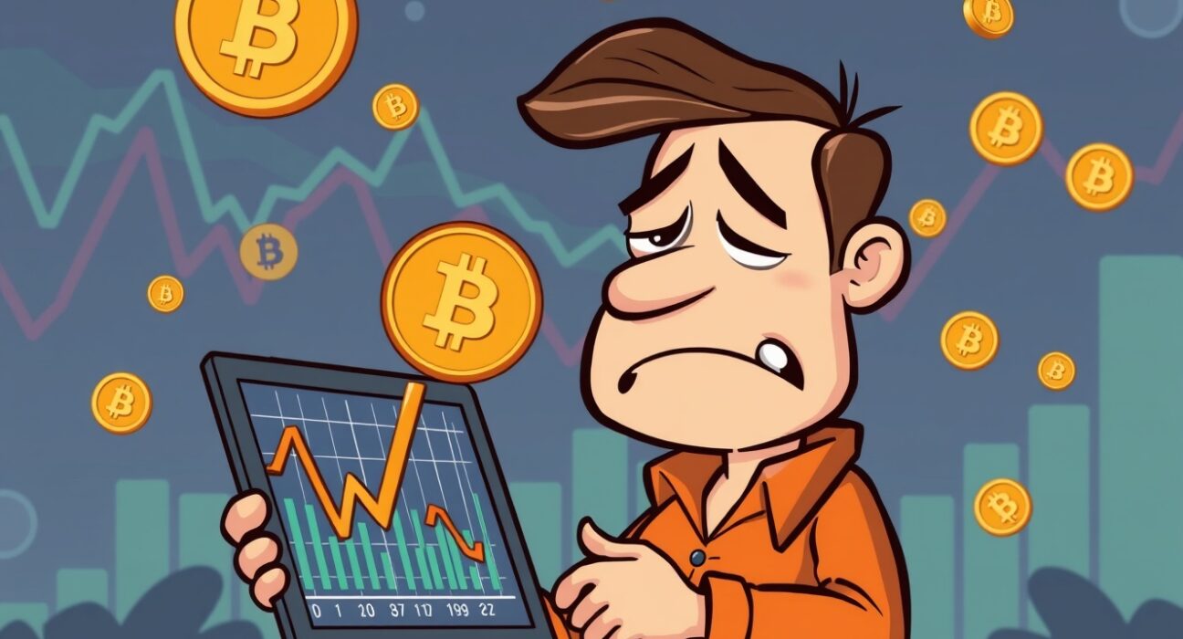 A distressed cartoon investor analyzing staggering Bitcoin realized losses on a chart.