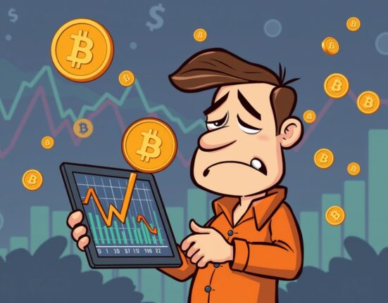 A distressed cartoon investor analyzing staggering Bitcoin realized losses on a chart.