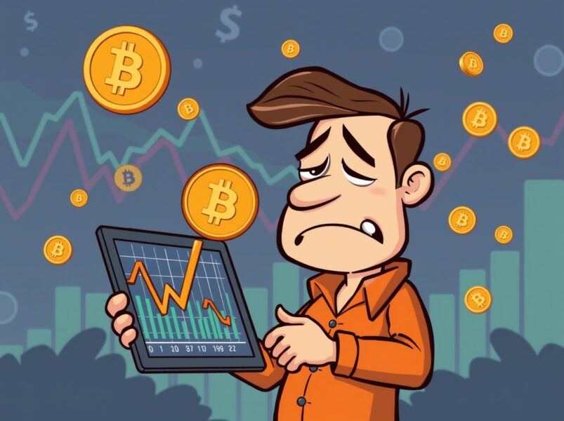 A distressed cartoon investor analyzing staggering Bitcoin realized losses on a chart.